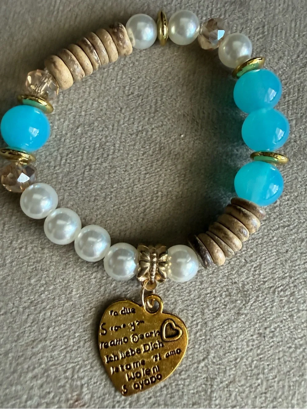 Turquoise Bead and Pearl Heart Charm Bracelet